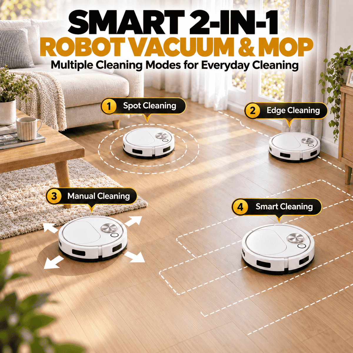 Smart 2-in-1 Robot Vacuum & Mop — Effortless Cleaning for Floors, Carpets & Pet Hair