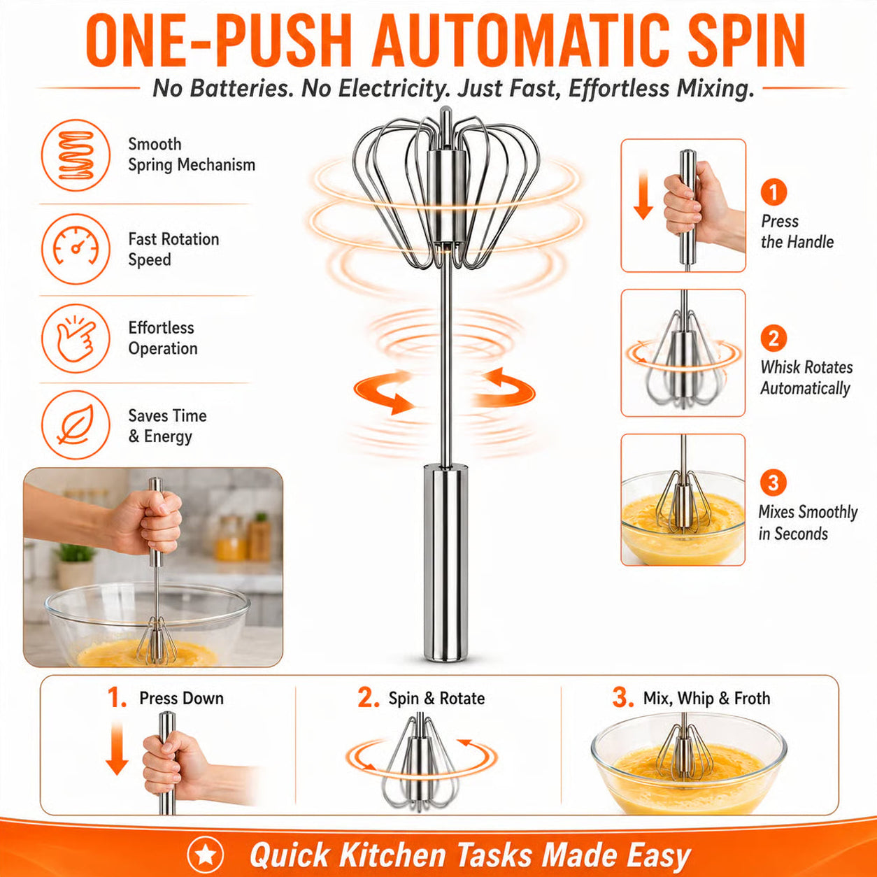 🎉LAST DAY 50% OFF ✨Stainless Steel Hand-Push Rotary Whisk – Effortless Mixing in Seconds!