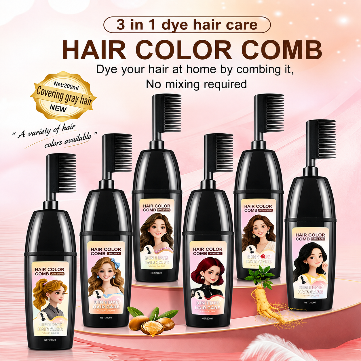 🧴Toclvo® 3-in-1 herbal hair coloring comb | Easy hair coloring at home with built-in brush