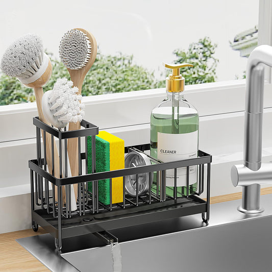 Lovyanocosh Kitchen Sink Organizer Sponge Holder – Stainless Steel Dish Soap Caddy with Drip Tray – Multifunctional Countertop Sink Rack for Brushes, Hand Soap, and Scrubber Storage