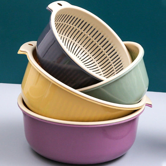 Lovyanocosh Double-Layer Plastic Kitchen Strainer Set: Round Fruit & Vegetable Draining Basket with Washing Basin – Versatile Rice Washer and Kitchen Colander