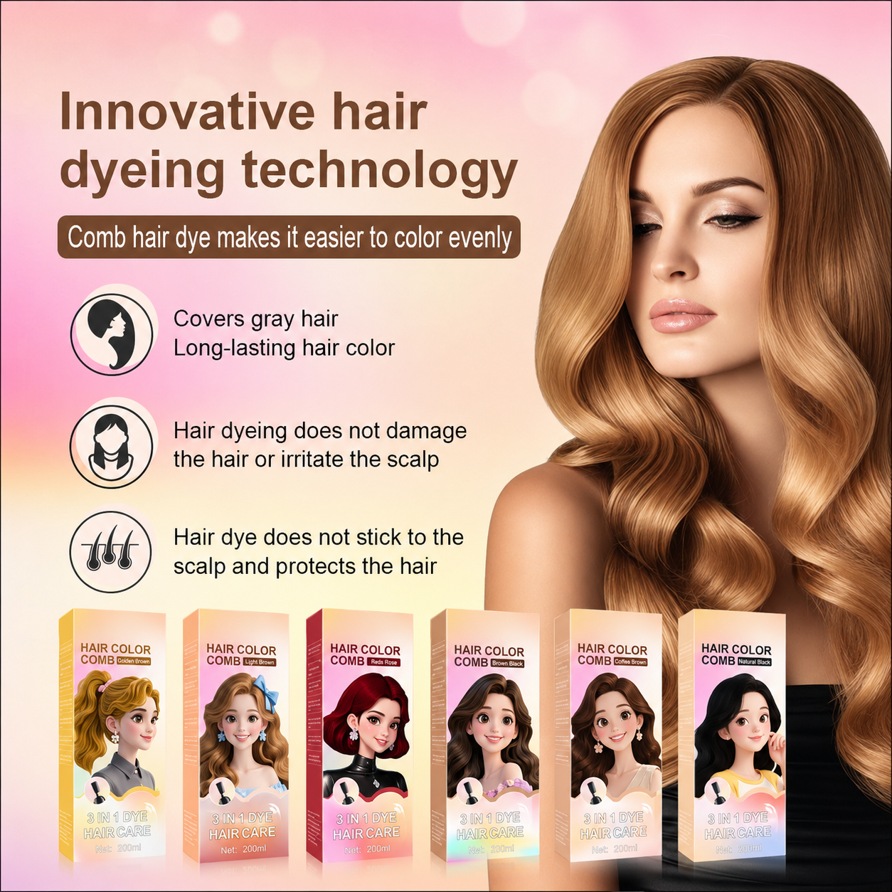 🧴Toclvo® 3-in-1 herbal hair coloring comb | Easy hair coloring at home with built-in brush